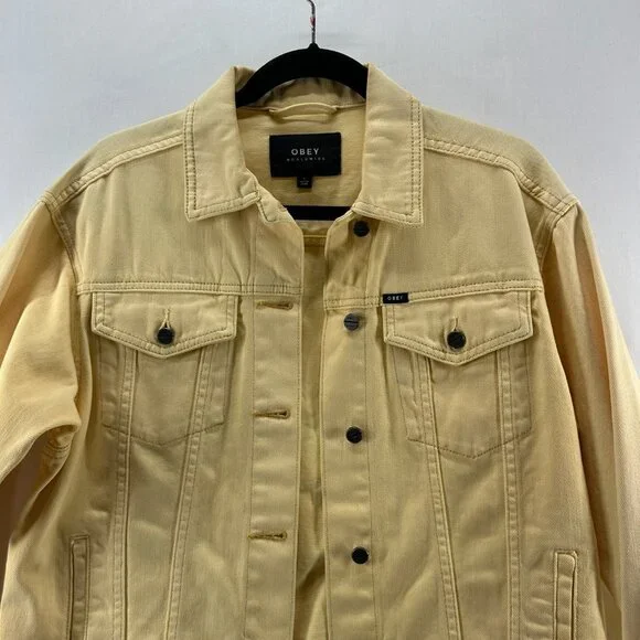 OBEY Denim Trucker Jacket Womens S Graphic Rose Button Front Long Sleeve Yellow - Picture 4 of 13